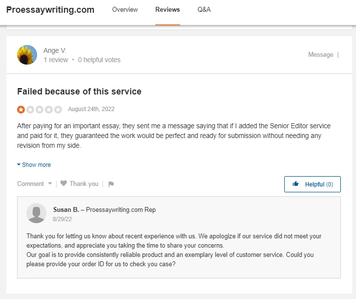 ProEssayWriting review on Sitejabber